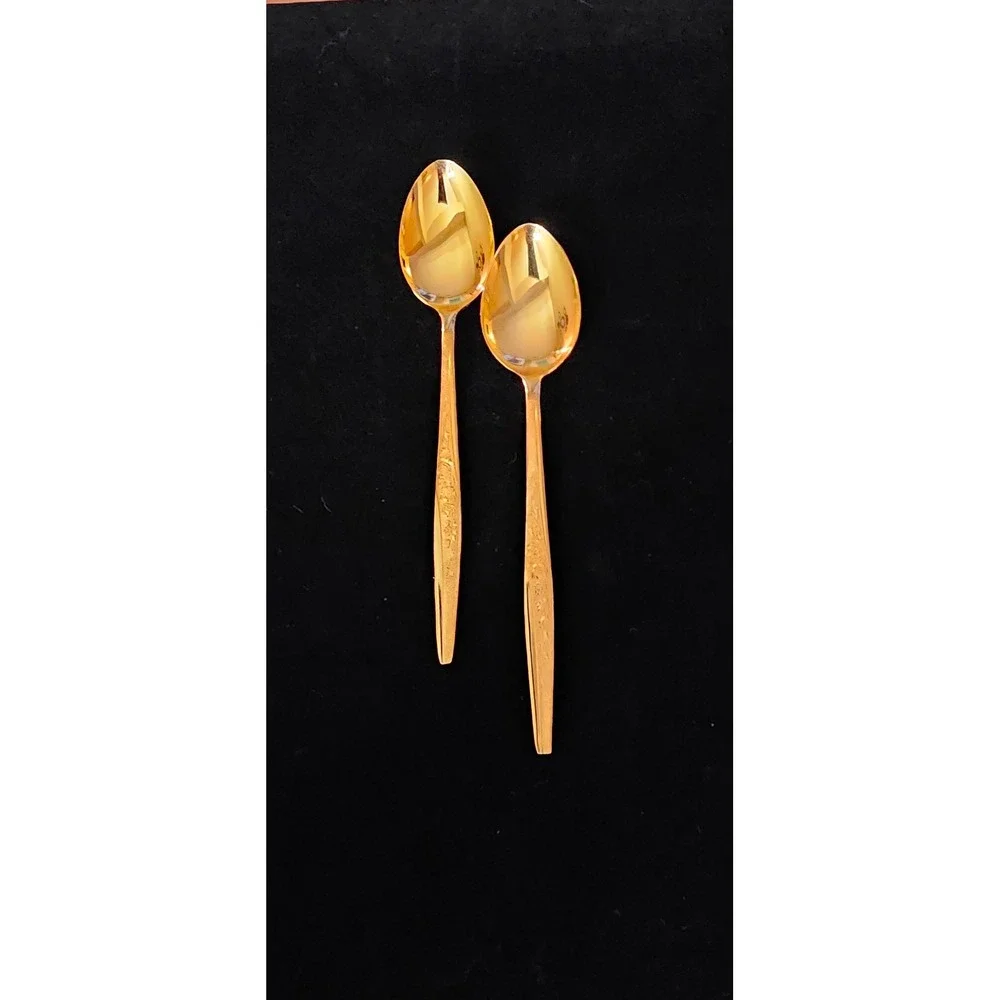 MCM 60s 70s Teaspoons Garden Bouquet  Carlyle Gold Electroplated 2pc Cutlery DR1